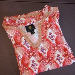 JM Collection Red and White Floral Blouse With Gold Piping. 2X NEW